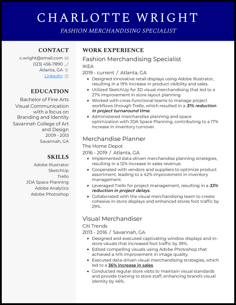 Fashion merchandising resume example with 10 years of experience