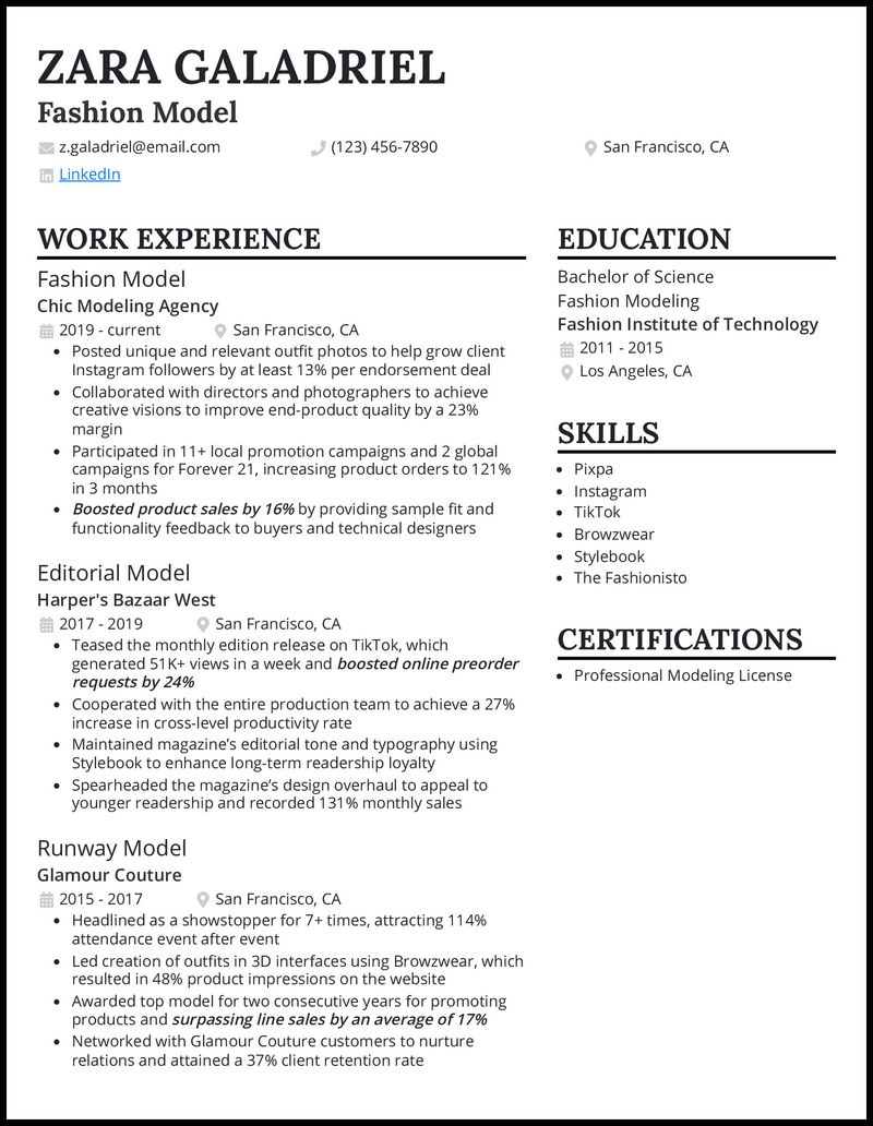 Fashion model resume example with 8 years of modeling experience