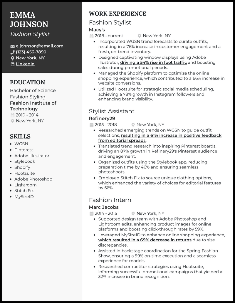 Fashion stylist resume example with 9 years experience