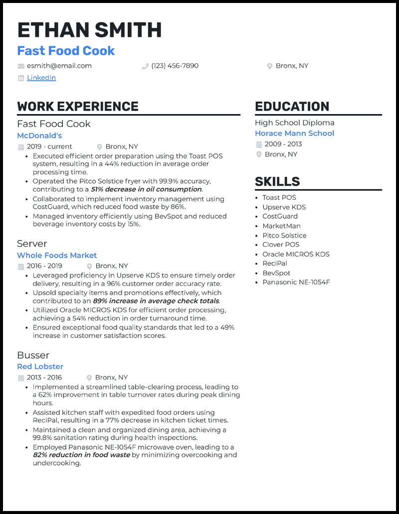 Fast food cook resume example with 10 years of experience