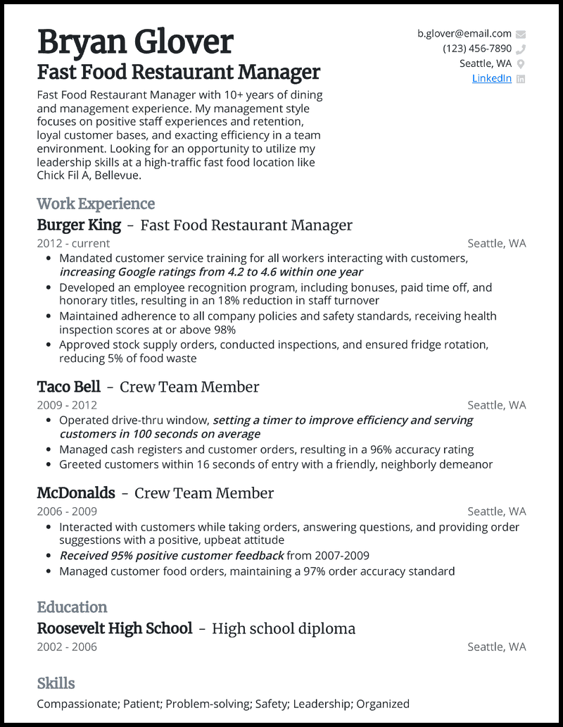 Fast food restaurant manager resume example with 10 years of experience