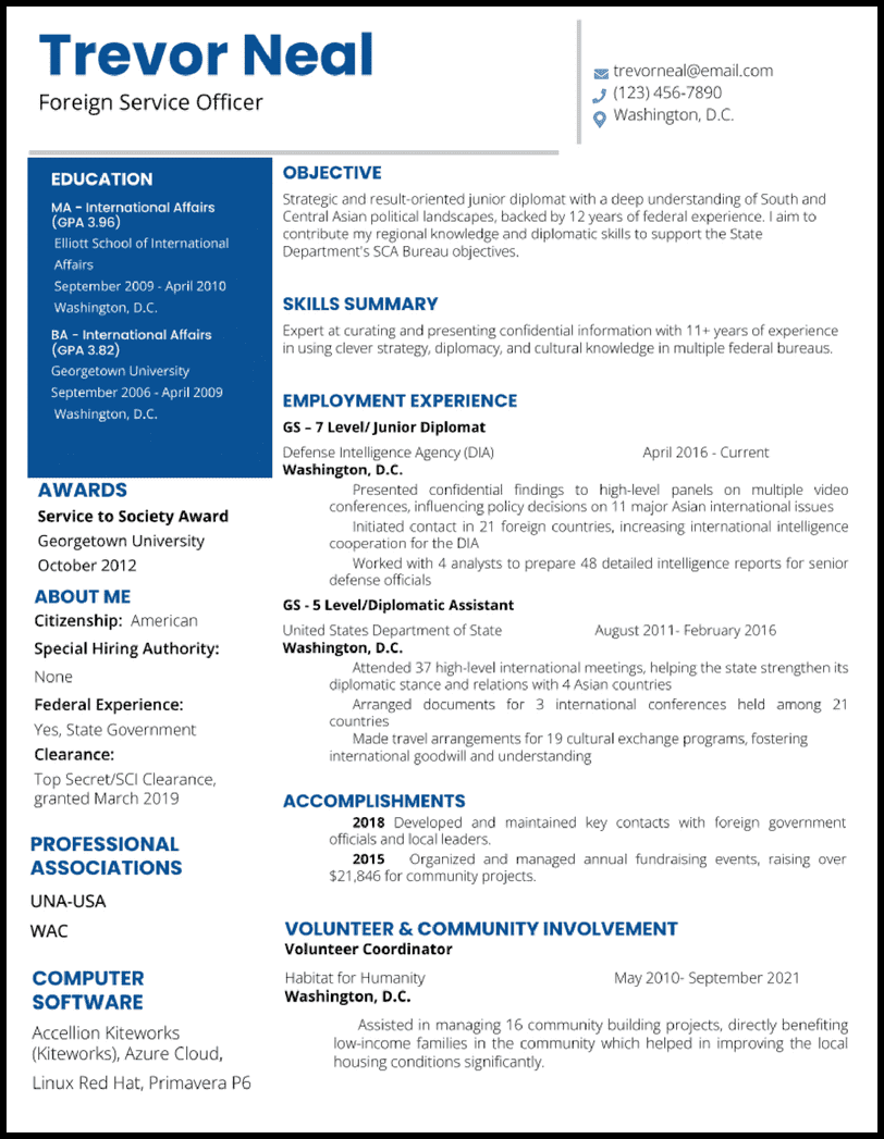 Federal Google Docs resume template with blue headers