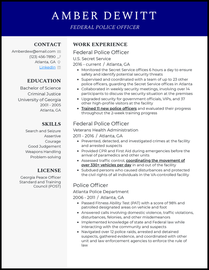 Formal federal police officer resume example