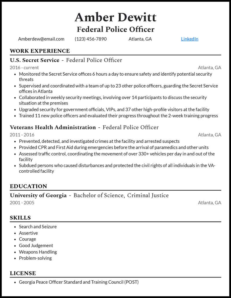 Elegant federal police officer resume example