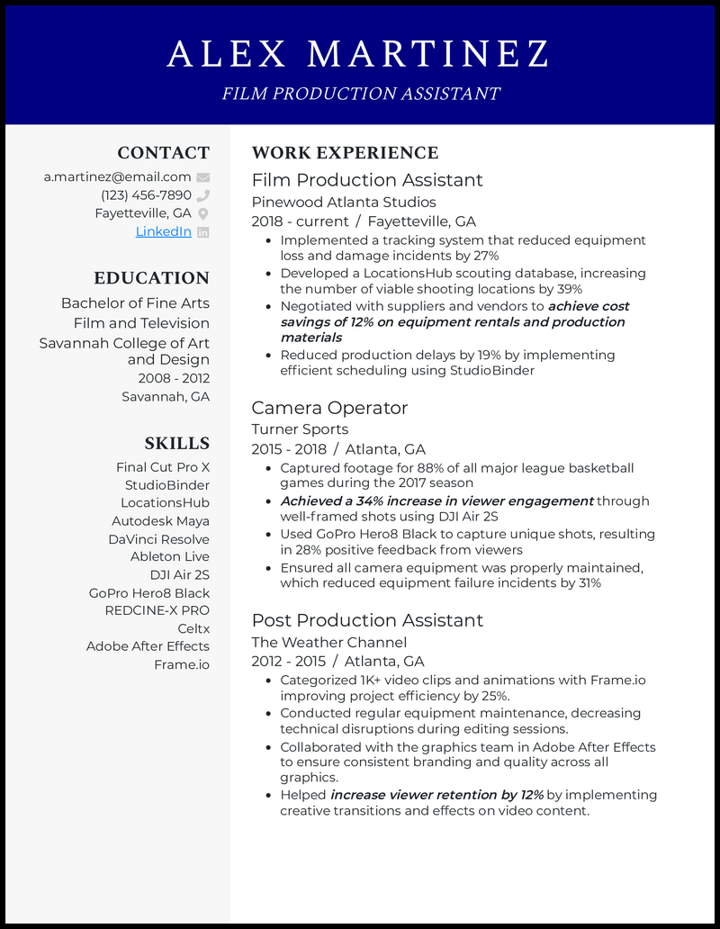 Film Production resume example with 11 years experience