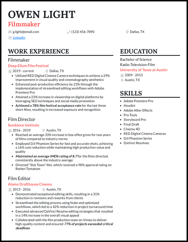 Filmmaker resume example with 10 years experience