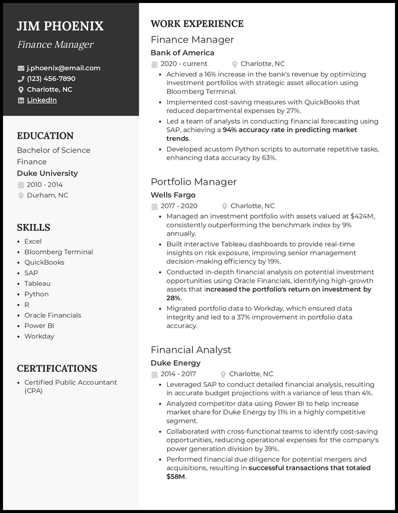 Finance Manager resume example with 9 years experience