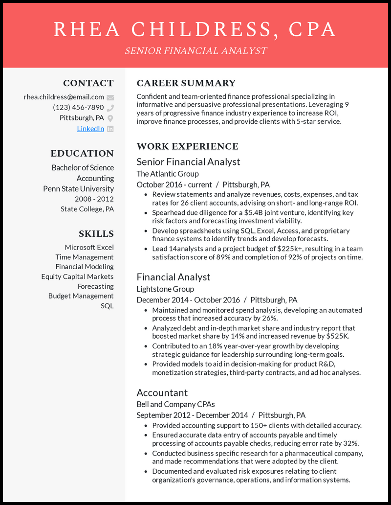 Senior financial analyst resume template with 10 years of experience