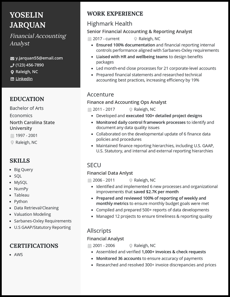 Financial accountant analyst resume example with 6+ years experience