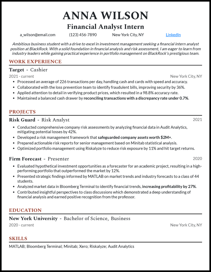 Professional resume template for financial analyst intern