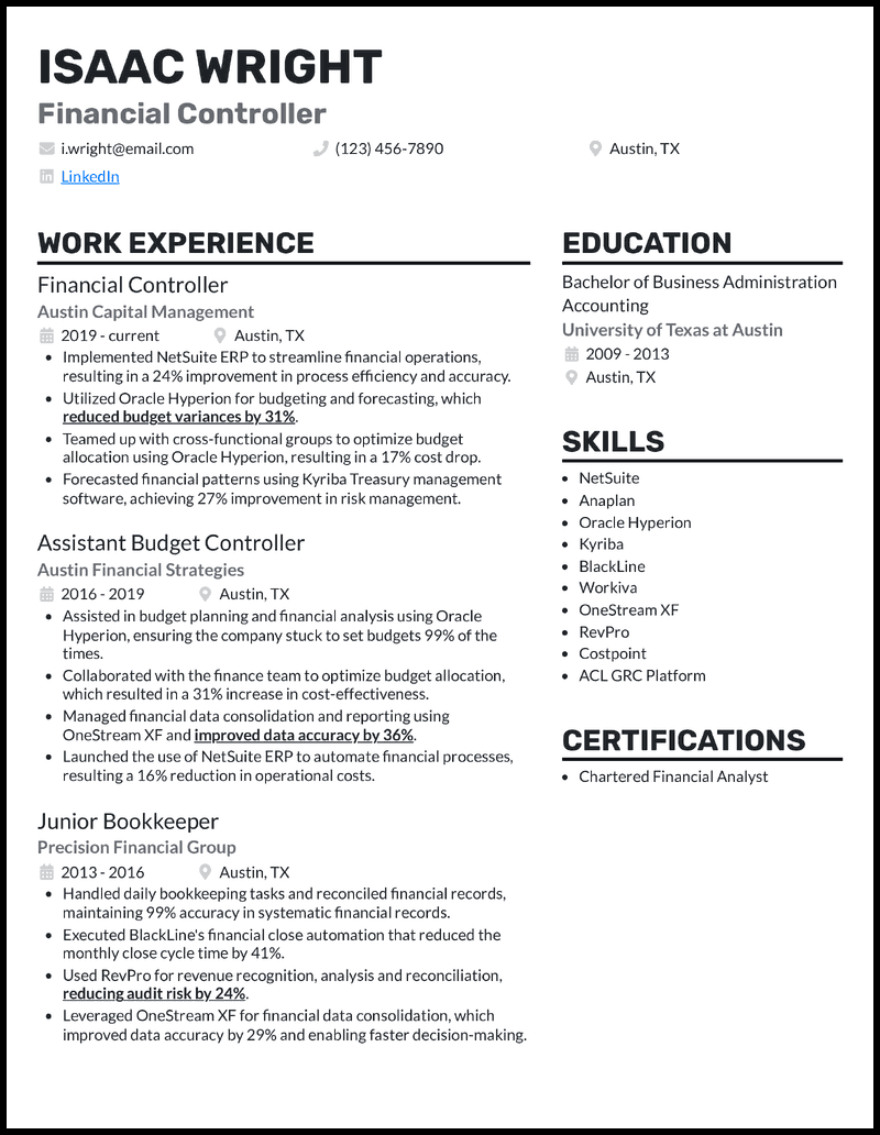 Financial controller resume example with 10 years of experience