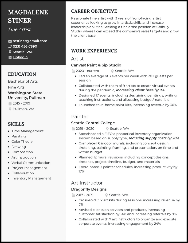 Fine artist resume example with 4+ years experience