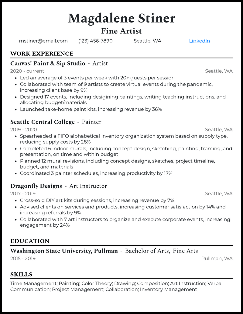 Professional fine artist resume example with 4+ years experience