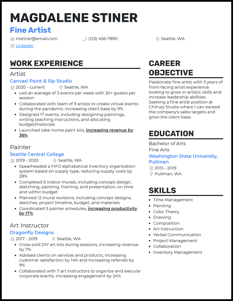 3 Fine Artist Resume Examples Proven to Work in 2024