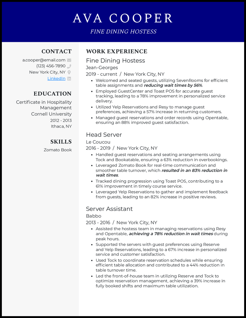 Fine dining hostess resume example with 10 years of experience