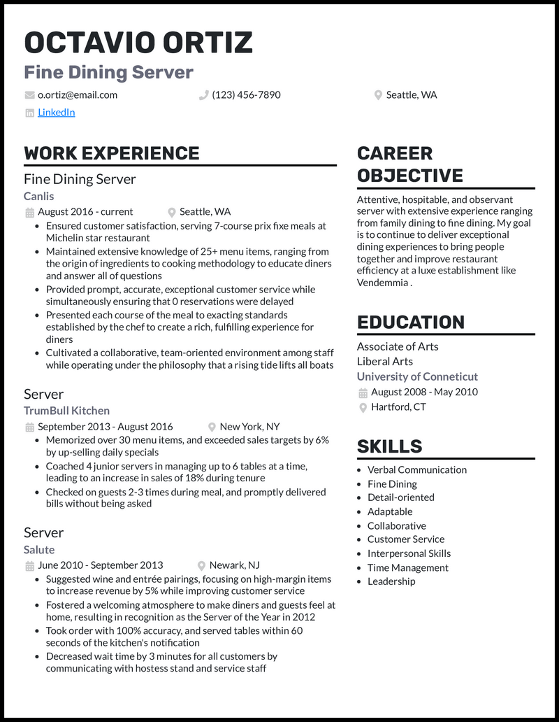 21 Server Resume Examples for 2025 - Fine Dining Server Gray Resume Example 