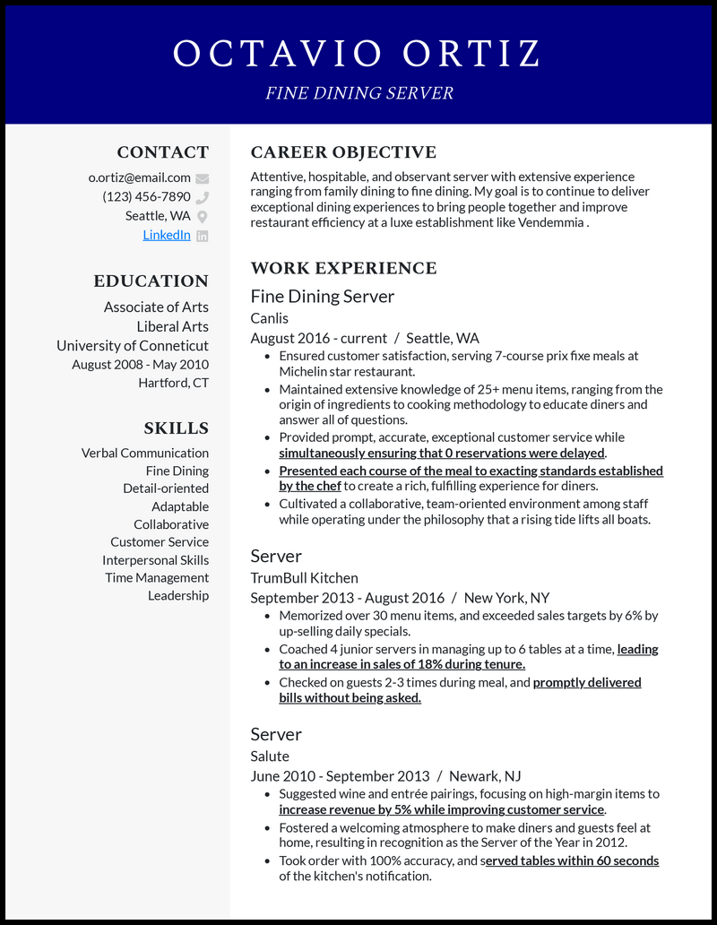 Modern fine dining server resume example