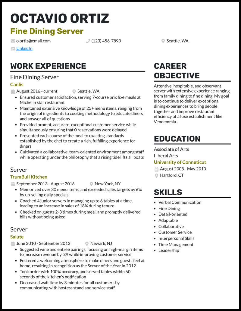 21 Server Resume Examples for 2025 - Fine Dining Server Olive Resume Example 