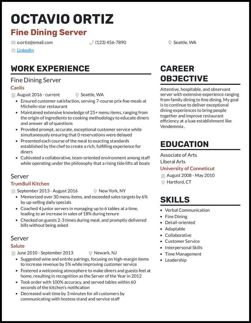 21 Server Resume Examples for 2025 - Fine Dining Server Red Brown Resume Example 