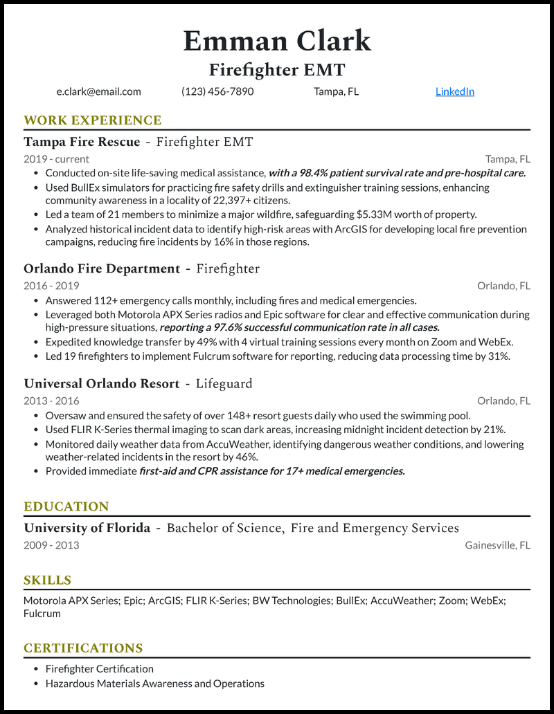 7 Firefighter Resume Examples amp - Firefighter Emt Olive Resume Example 