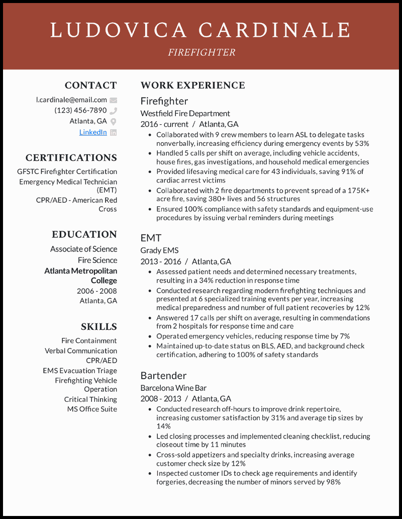 Firefighter resume with 10 years of experience