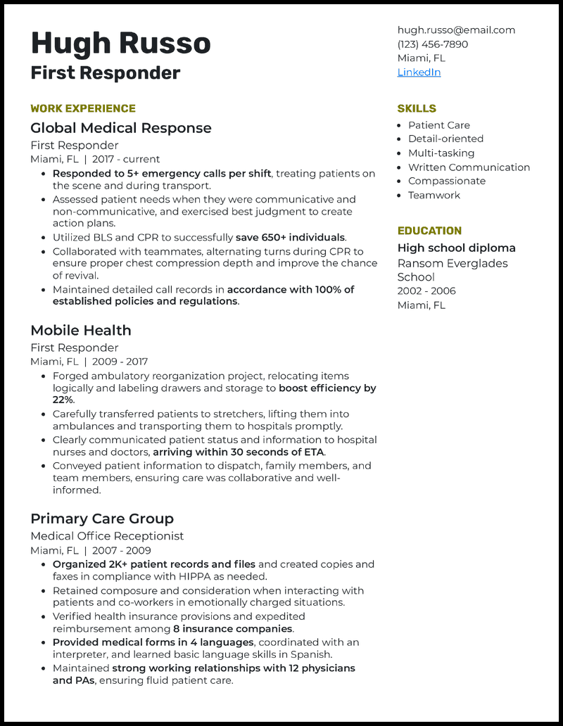 7 EMT Resume Examples amp Templates - First Responder Olive Resume Example 