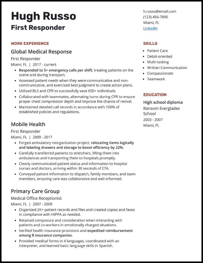 First responder resume example with 13 years of experience