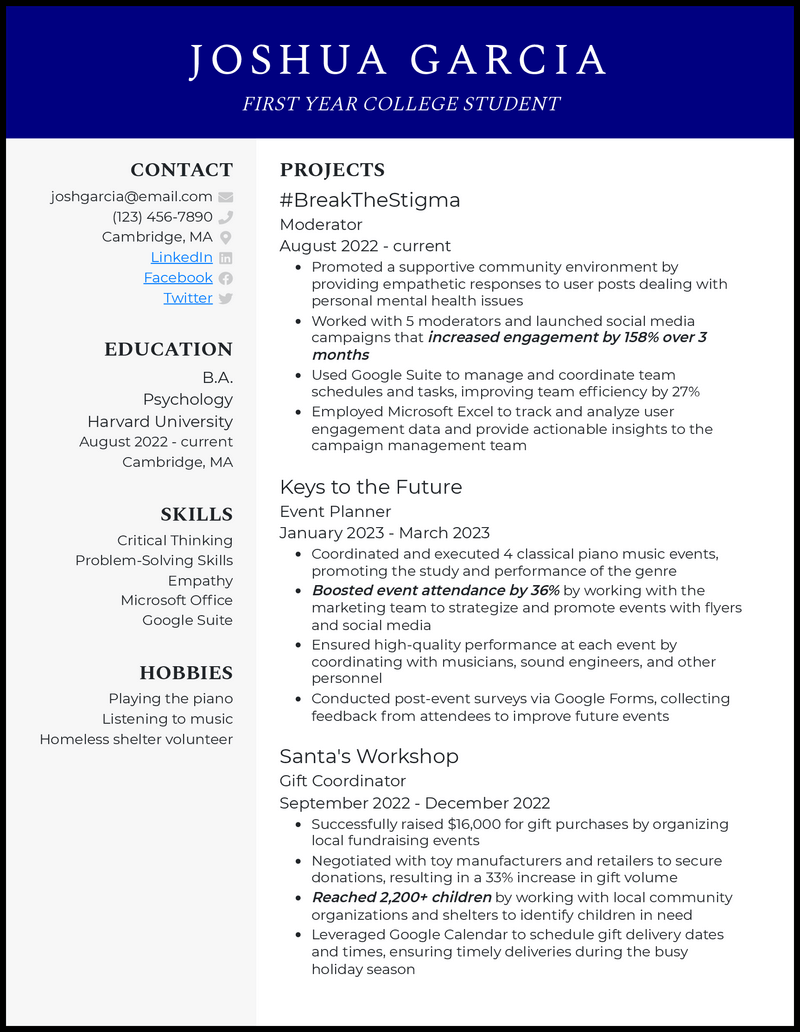 First year college student resume example with 7+ years experience