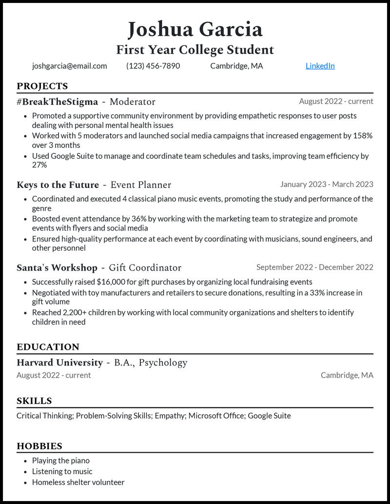 Elegant first year college student resume example with 7+ years experience