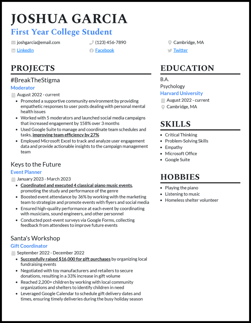 Formal first year college student resume example with 7+ years experience