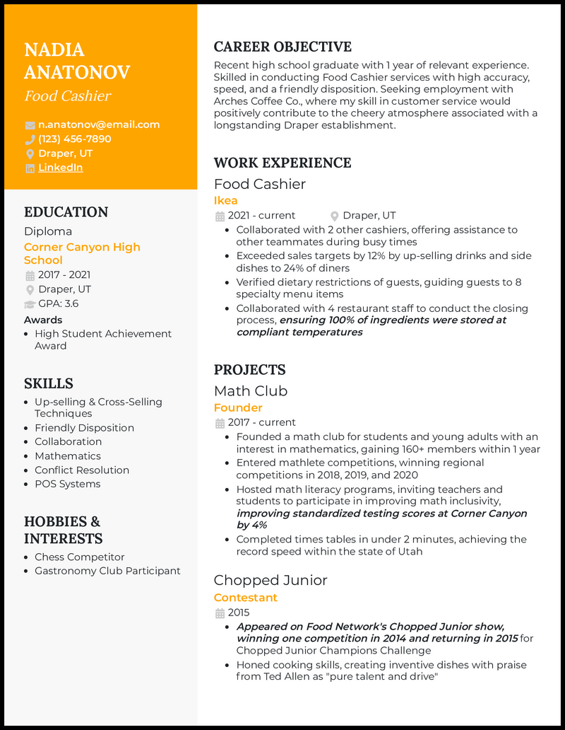 food cashier resume example with 1 years of experience