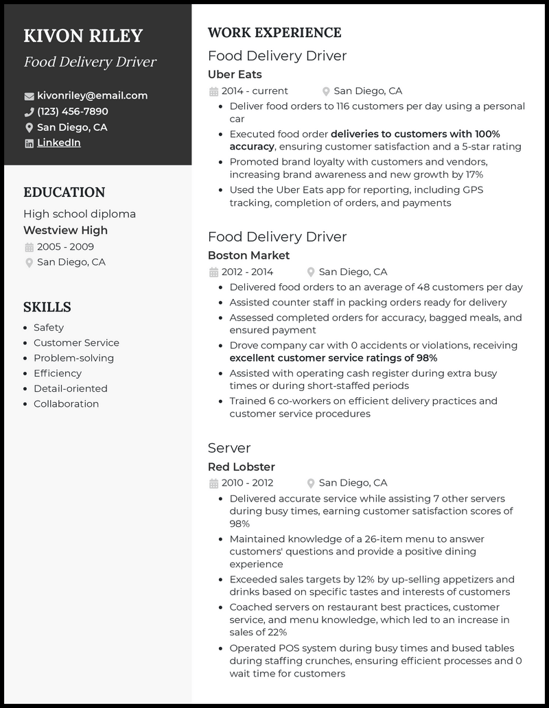 Food delivery driver resume example with 4+ years experience