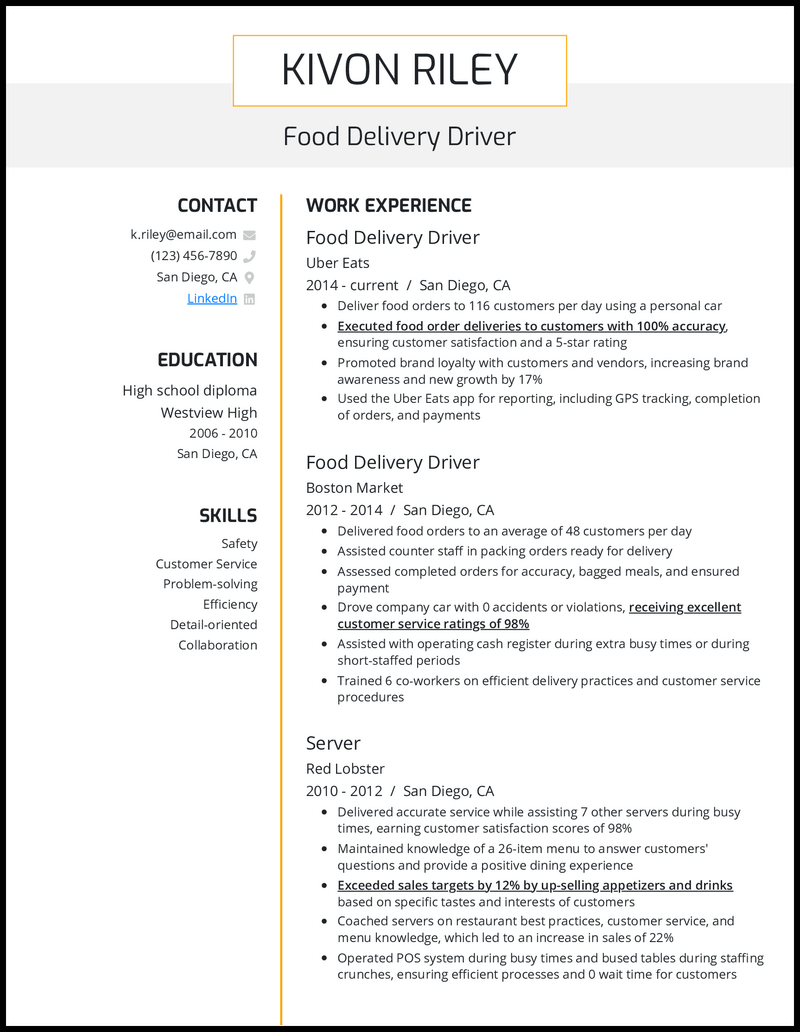 sample resume for food delivery driver