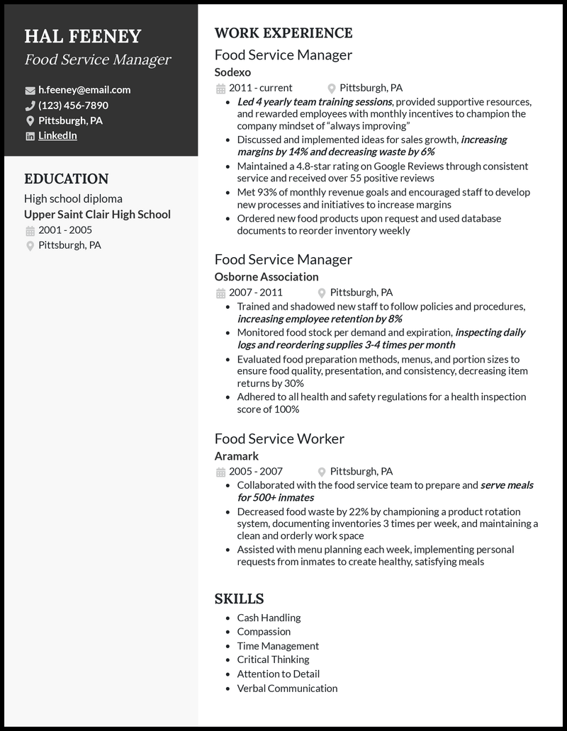 Food service manager resume example with 8+ years experience