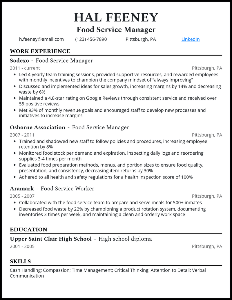 Formal food service manager resume example with 8+ years experience
