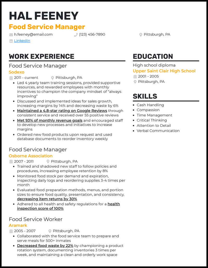 Professional food service manager resume example with 8+ years experience