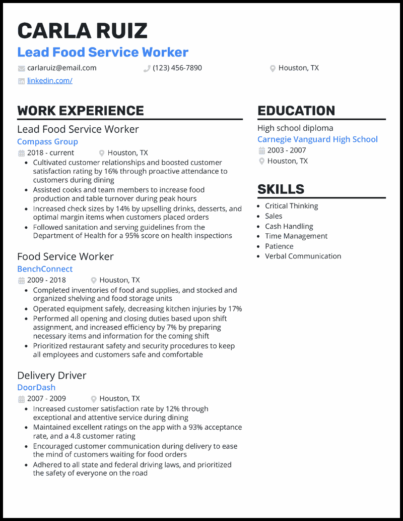 7 Food Service Worker Resume Examples for 2024