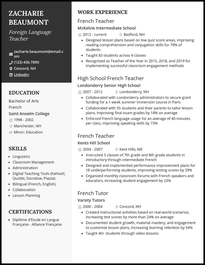 Foreign language teacher resume example with 6+ years experience