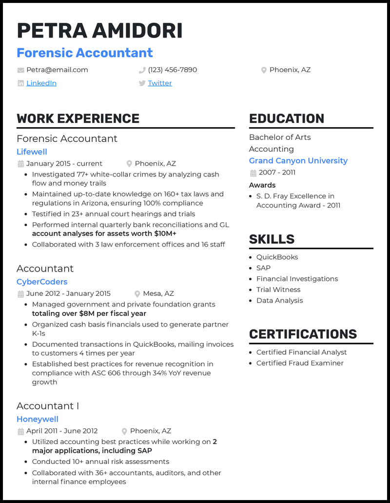 Forensic accountant resume example with 4+ years experience