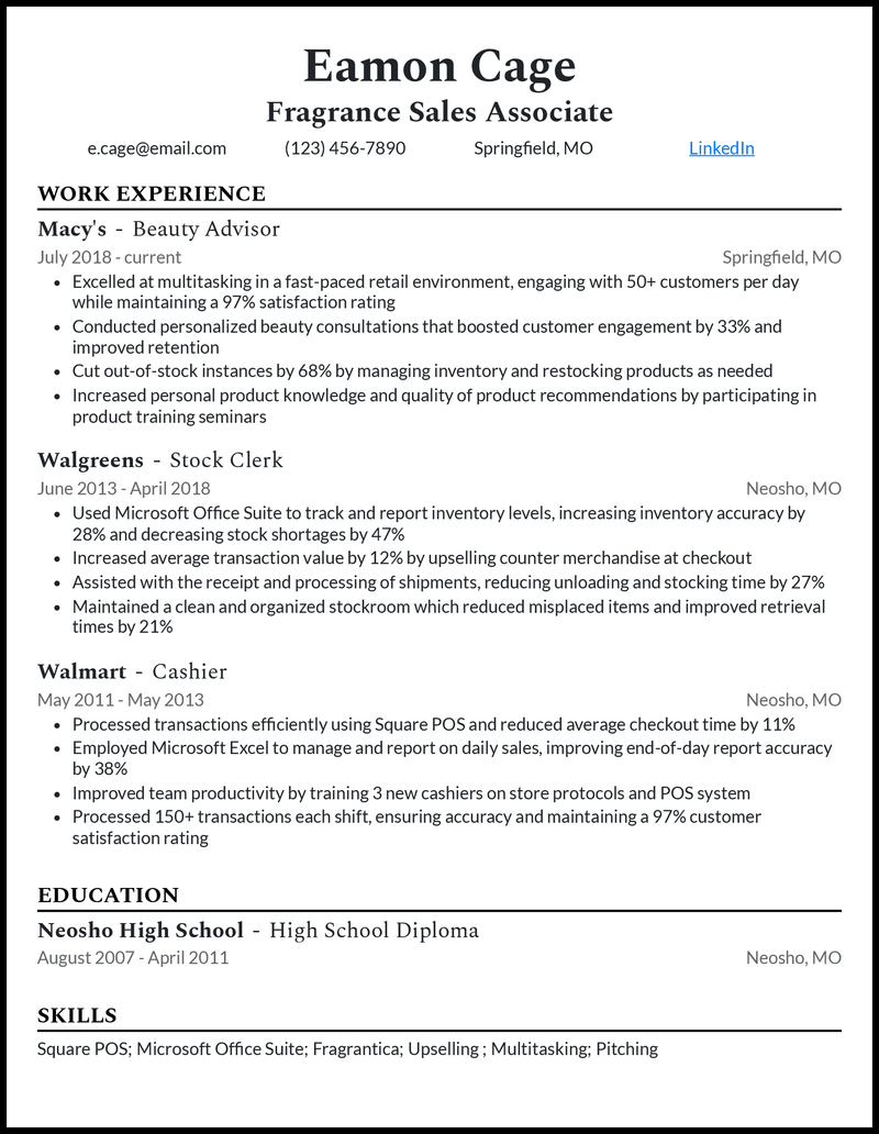 Professional fragrance sales associate resume example with 6+ years experience