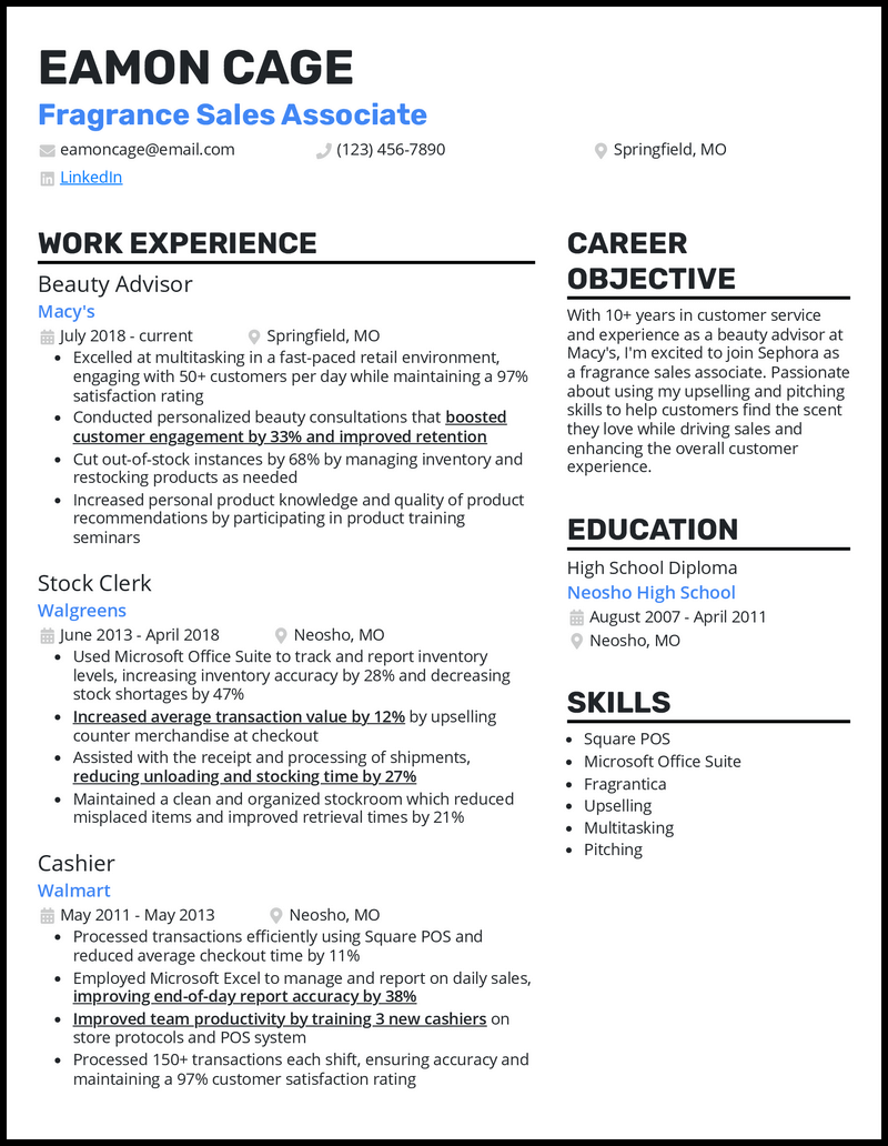 Modern fragrance sales associate resume example with 6+ years experience