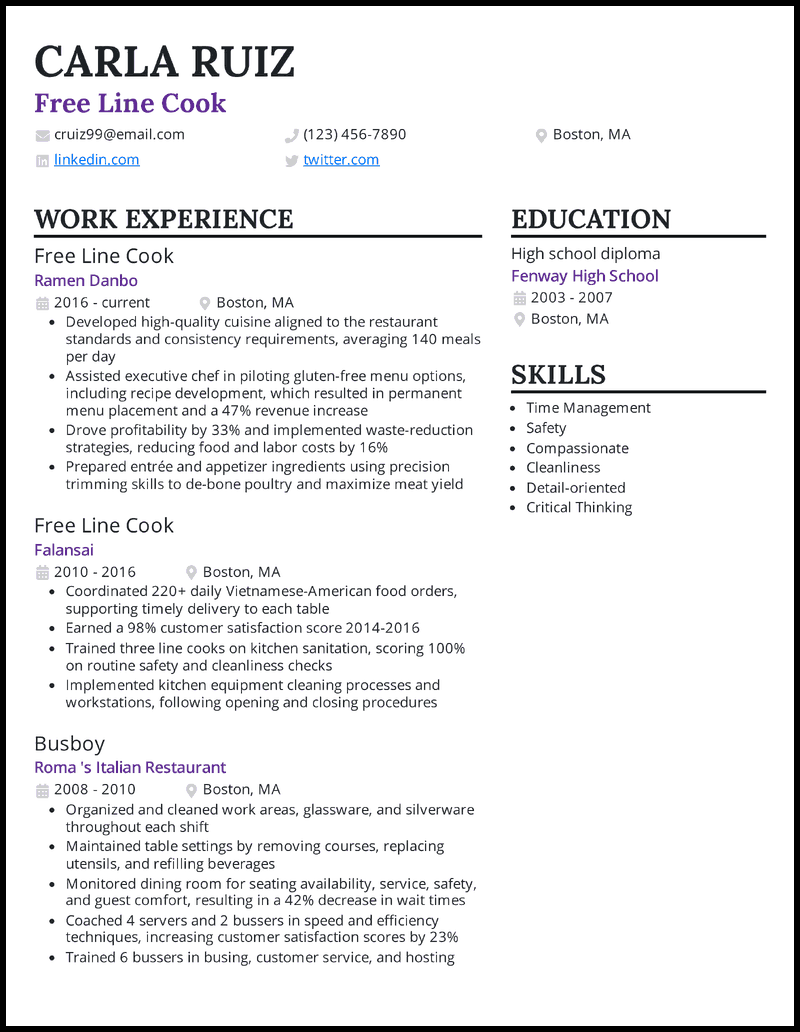 resume for hotel cook