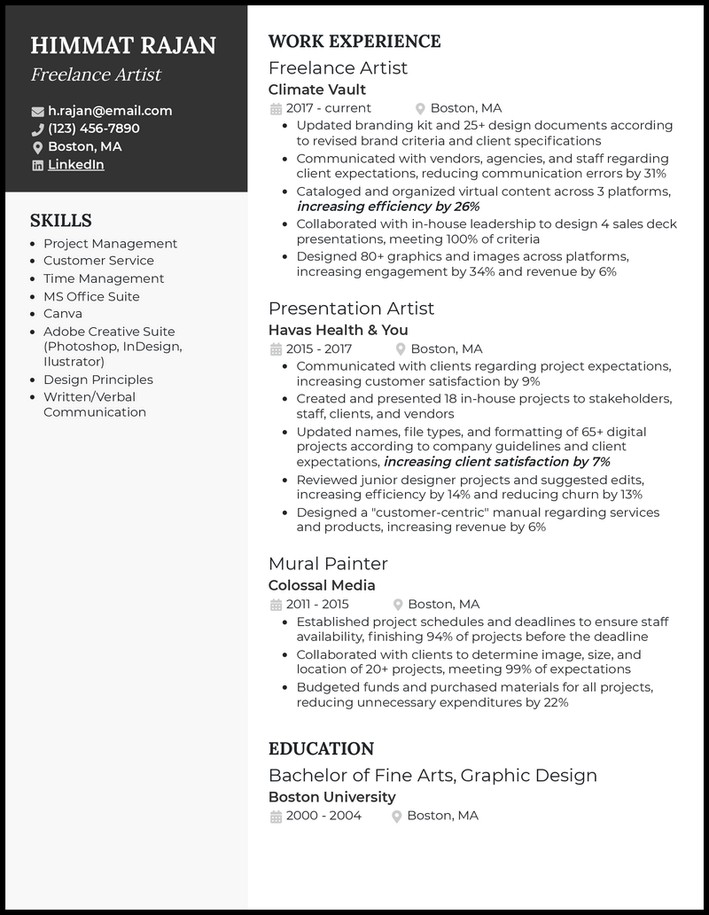 Modern freelance artist resume example with 4+ years experience