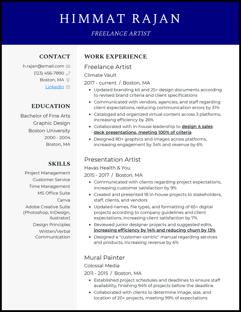 Professional freelance artist resume example with 4+ years experience