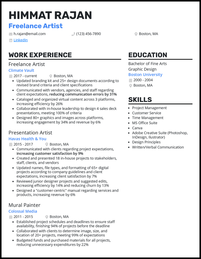 Freelance artist resume example with 4+ years experience