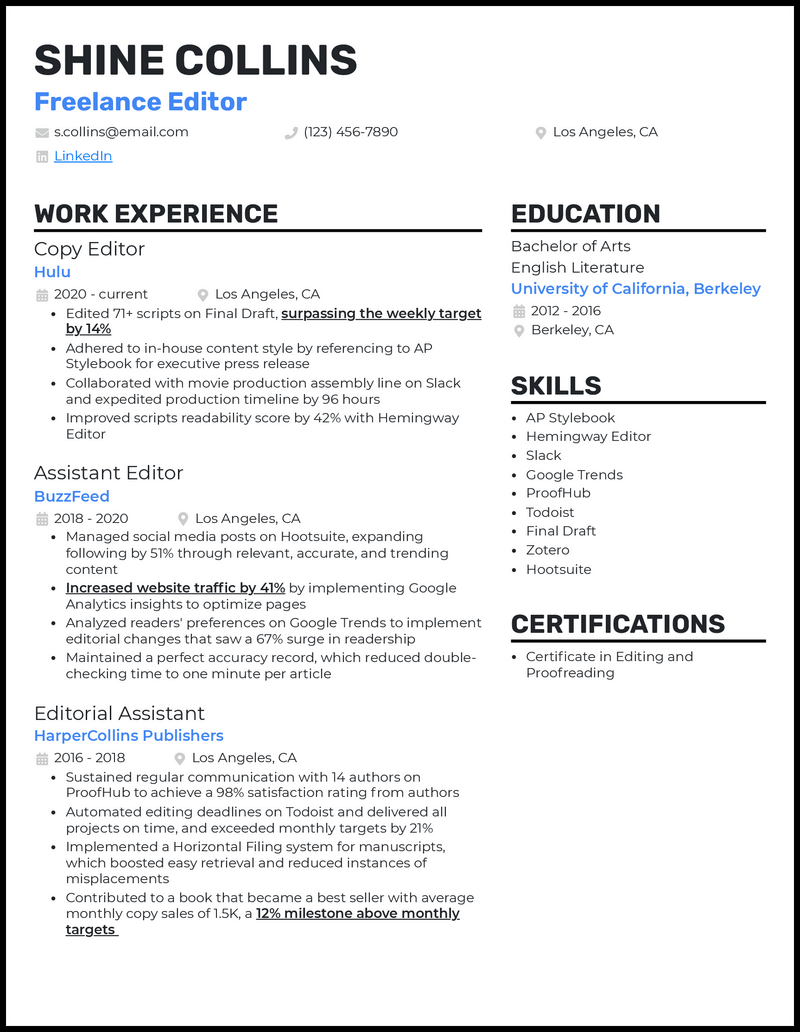 Freelance editor resume example with 7 years of experience