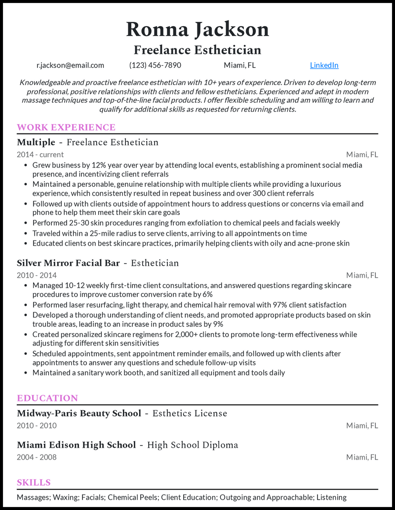 Freelance esthetician resume example with 12 years of experience