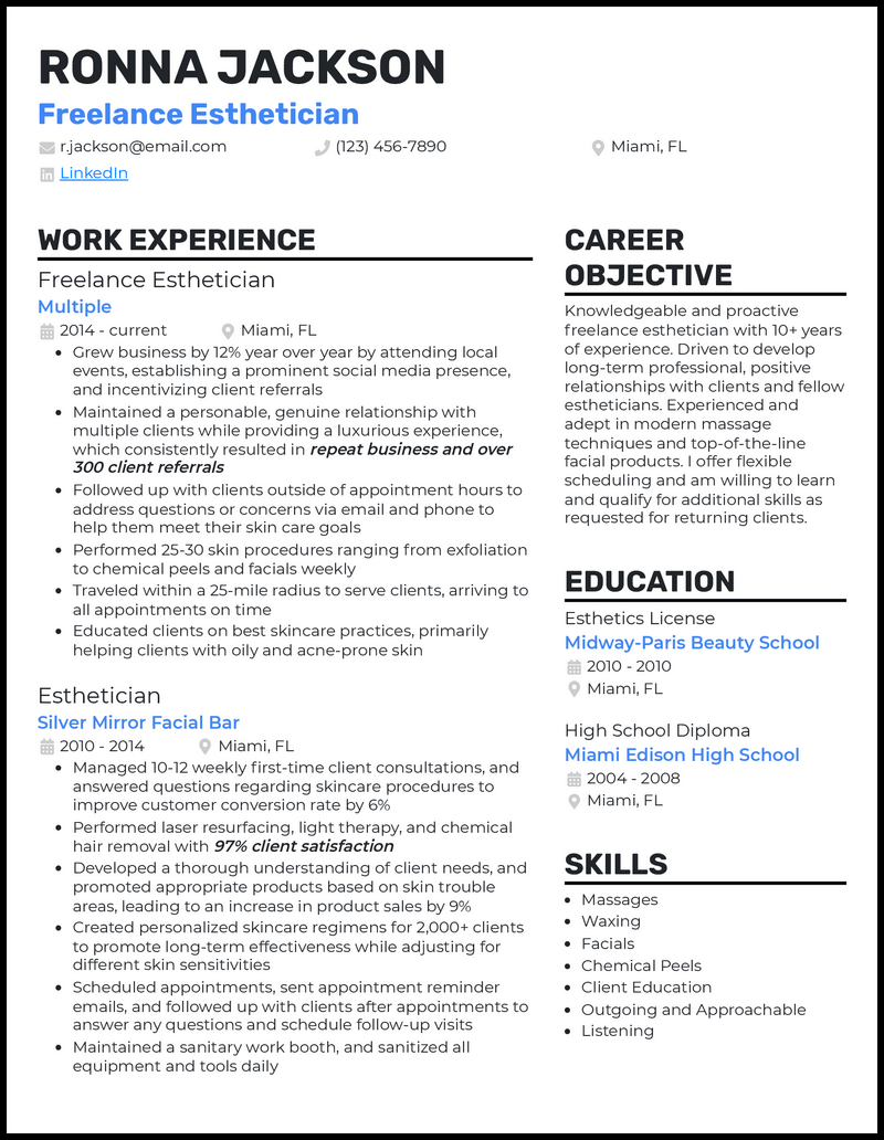 Modern freelance esthetician resume example with 6+ years experience