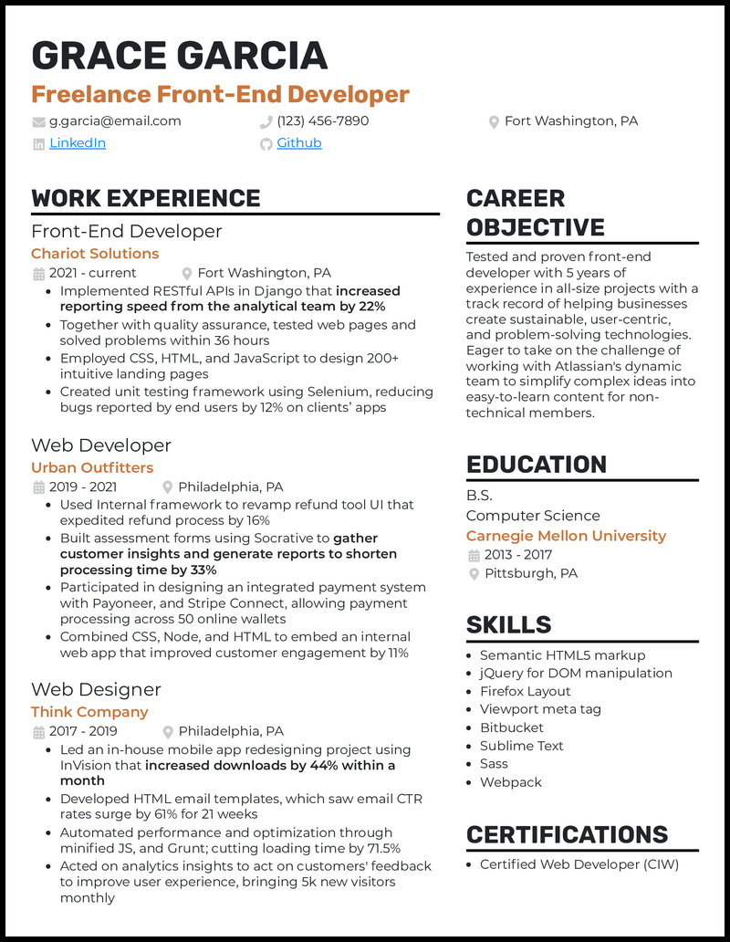 Freelance front-end developer resume example with 4 years of development experience