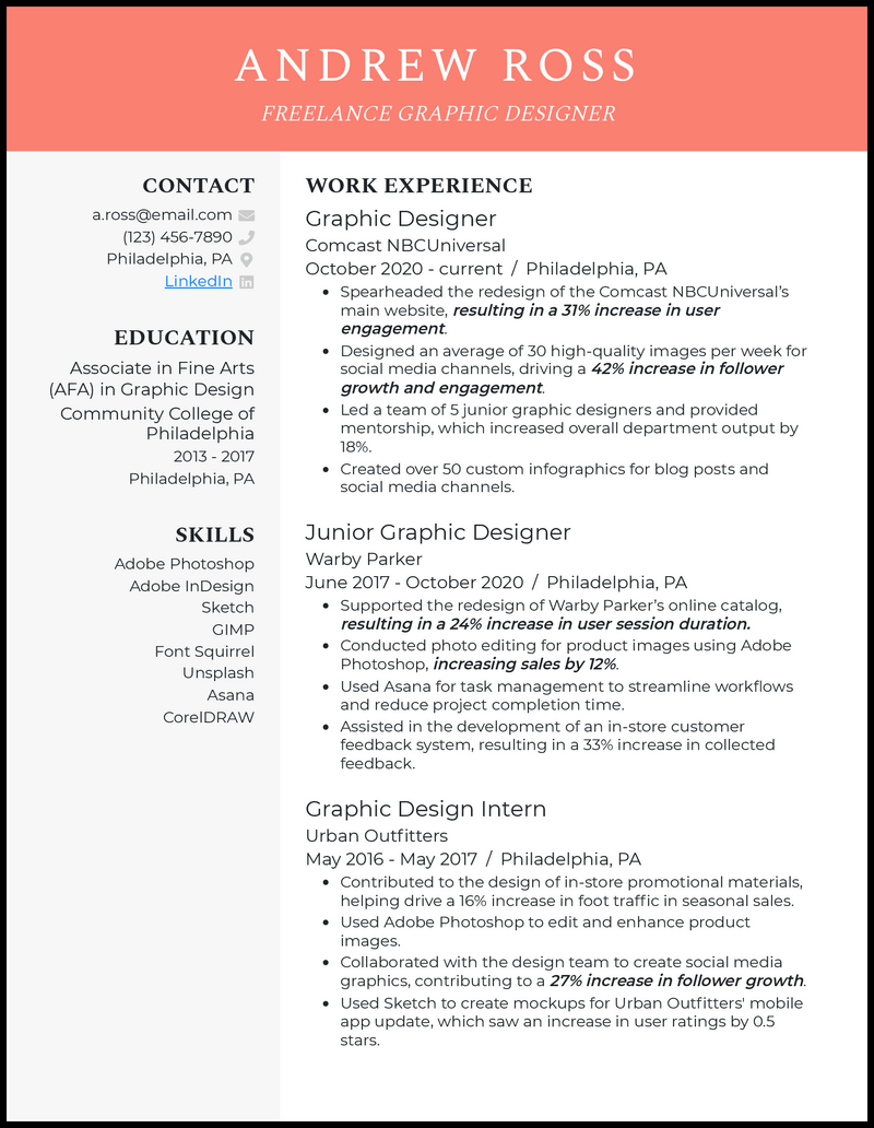 Freelance graphic designer resume example with 5+ years experience